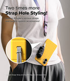 iPhone 16 Case | Bitmap Silicone Magnetic - Yellow phone case with strap holes, worn with a lanyard and small bag.