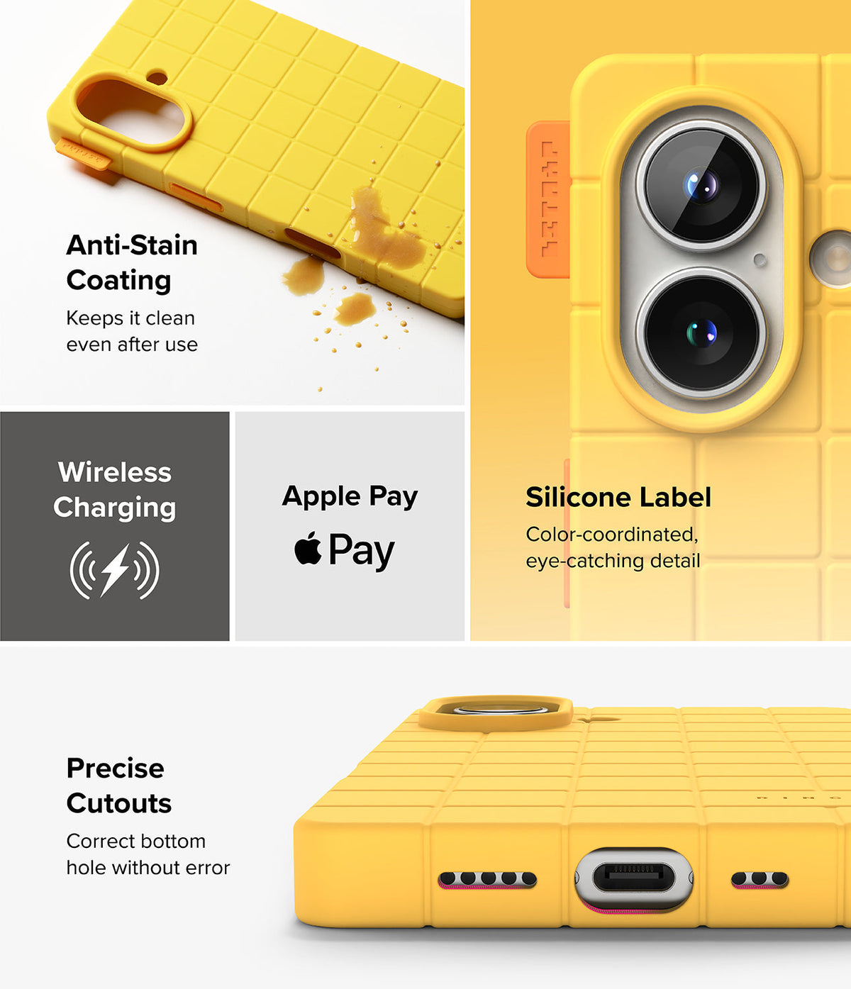 iPhone 16 Case | Bitmap Silicone Magnetic - Yellow grid-patterned phone case showing anti-stain, camera, and port details.
