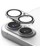 iPhone 16 Plus / 16 | Camera Glass [2 Pack] - Transparent protective lens cover hovering above dual iPhone camera lenses.