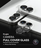iPhone 16 Plus / 16 | Camera Glass [2 Pack] - Two white iPhones with installed camera lens protectors and one loose cover.