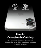 iPhone 16 Plus / 16 | Camera Glass [2 Pack] - Silver iPhone with camera lens protectors, highlighting oleophobic coating.