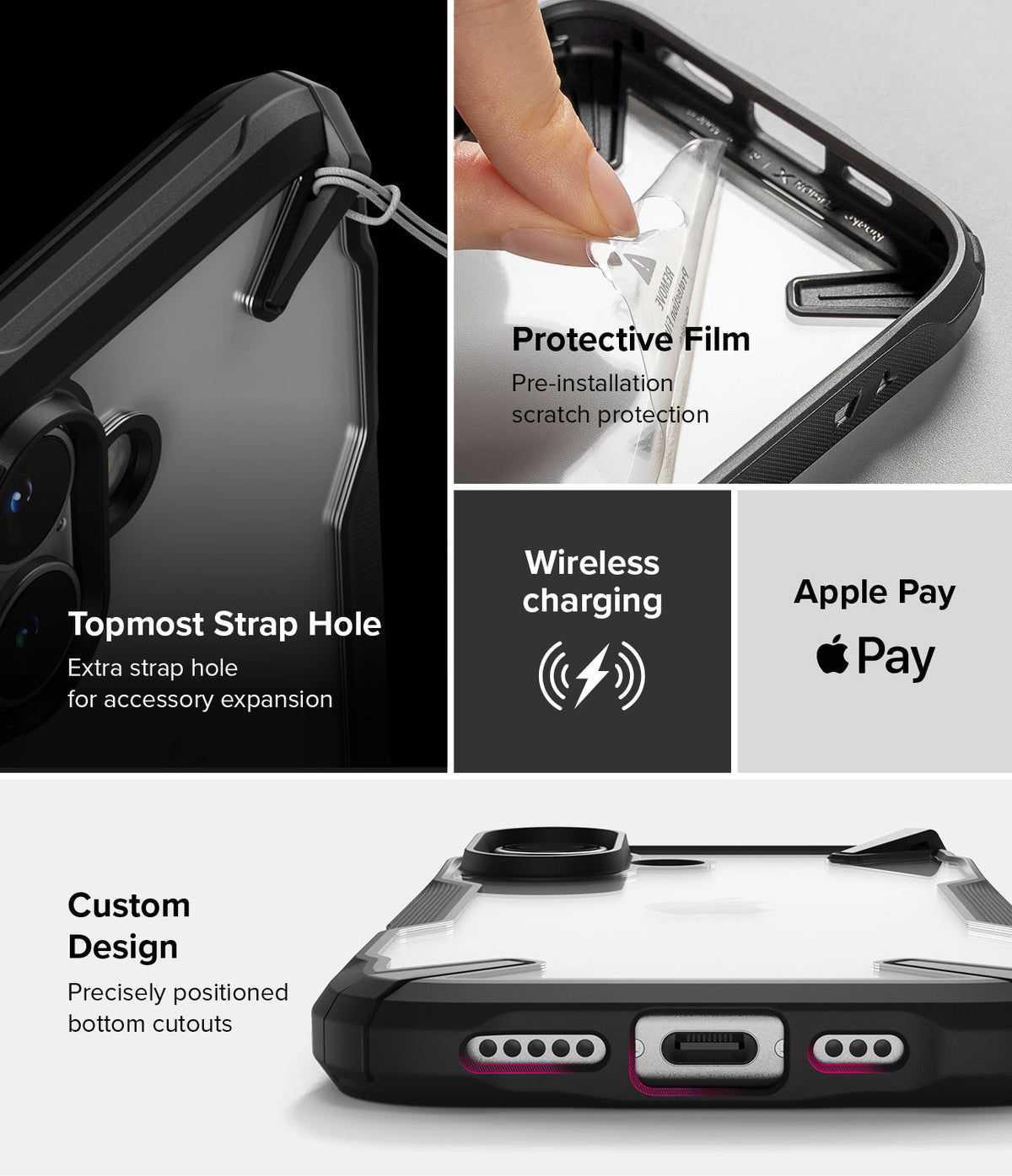 iPhone 16 Case | Fusion-X - Features strap hole, protective film, wireless charging, Apple Pay support, and precise port cutouts.