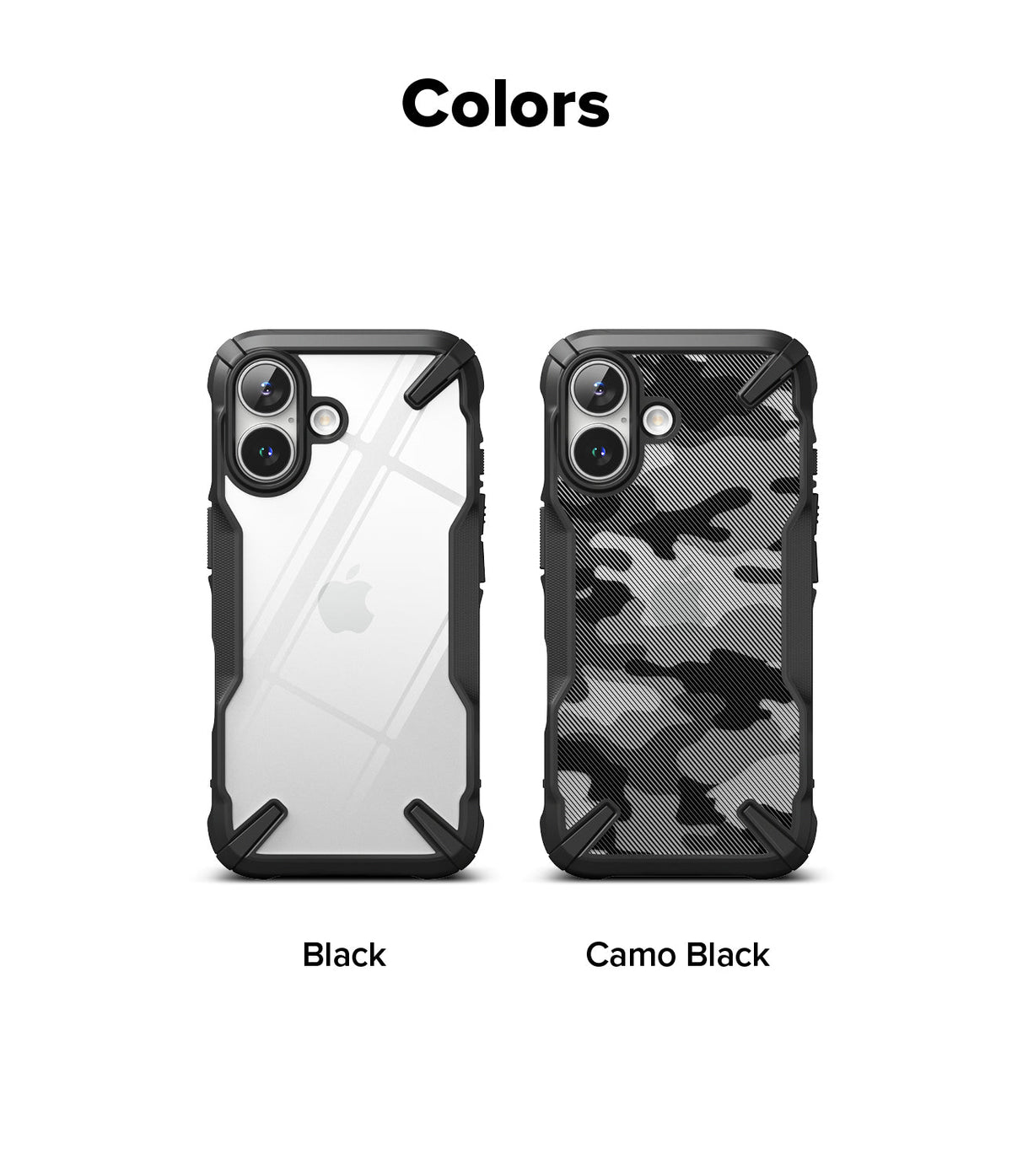 iPhone 16 Case | Fusion-X - Two iPhone 16 cases in Black and Camo Black with rugged bumpers and clear or patterned back panels.