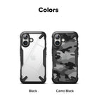 iPhone 16 Case | Fusion-X - Two iPhone 16 cases in Black and Camo Black with rugged bumpers and clear or patterned back panels.