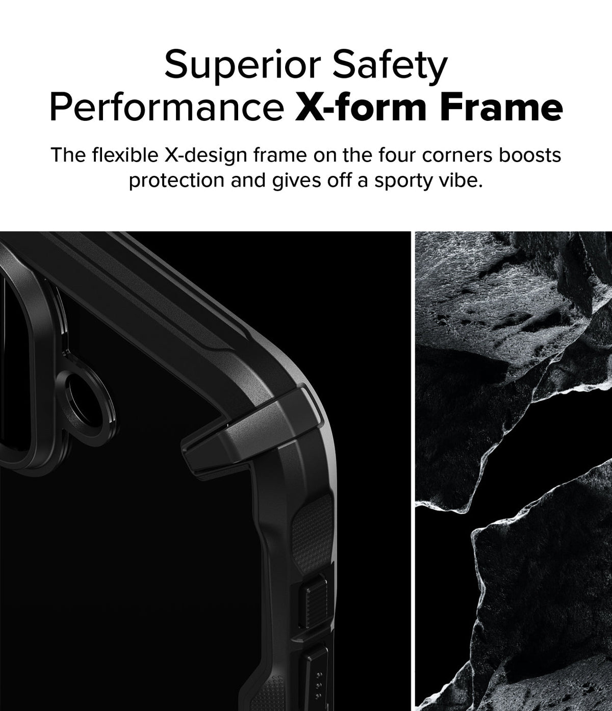 iPhone 16 Case | Fusion-X - Close-up of a black phone case corner with a reinforced X-shaped frame next to textured rock.