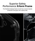 iPhone 16 Case | Fusion-X - Close-up of a black phone case corner with a reinforced X-shaped frame next to textured rock.