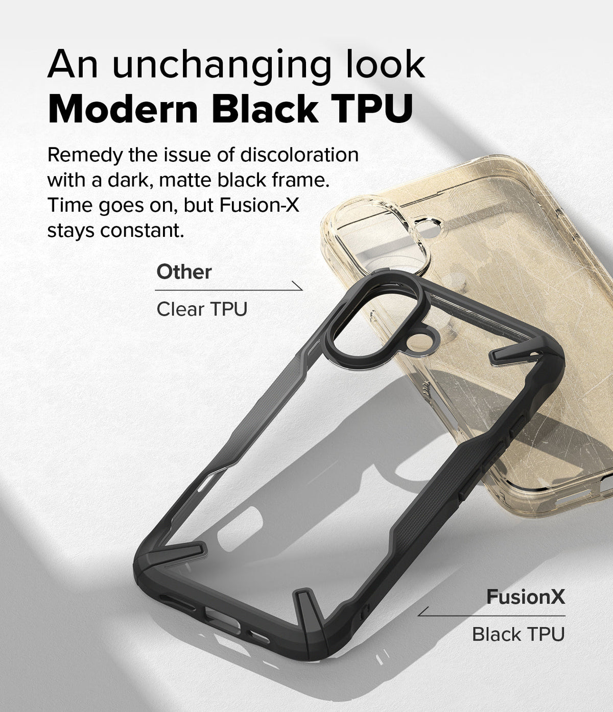 iPhone 16 Case | Fusion-X - Comparison of a yellowed clear phone case and a pristine black Fusion-X case on a white surface.