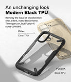iPhone 16 Case | Fusion-X - Comparison of a yellowed clear phone case and a pristine black Fusion-X case on a white surface.