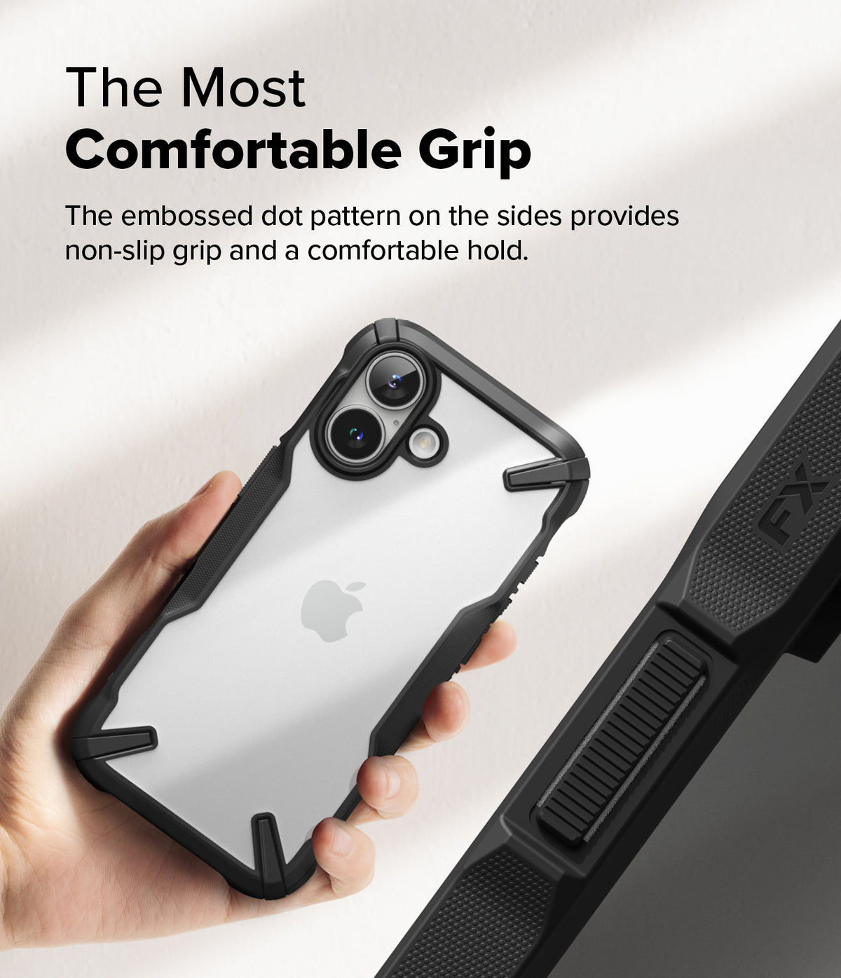 iPhone 16 Case | Fusion-X - Hand holding a clear iPhone 16 case with a black frame featuring an embossed dot pattern for grip.