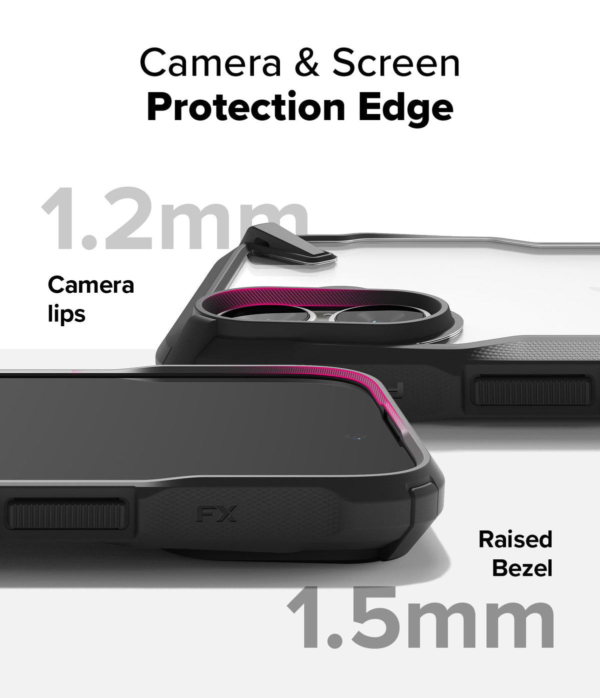 iPhone 16 Case | Fusion-X - Close-up of phone case showing 1.2mm camera lips and 1.5mm raised screen bezel for protection.