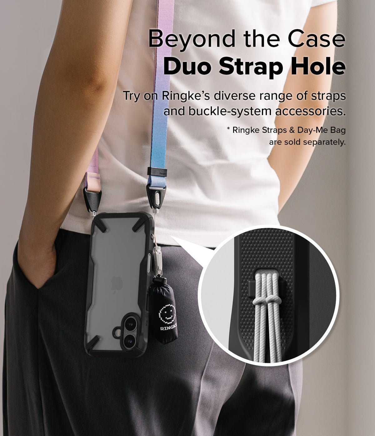 iPhone 16 Case | Fusion-X - Person wearing a phone case with a dual-strap system and a small accessory bag attached.
