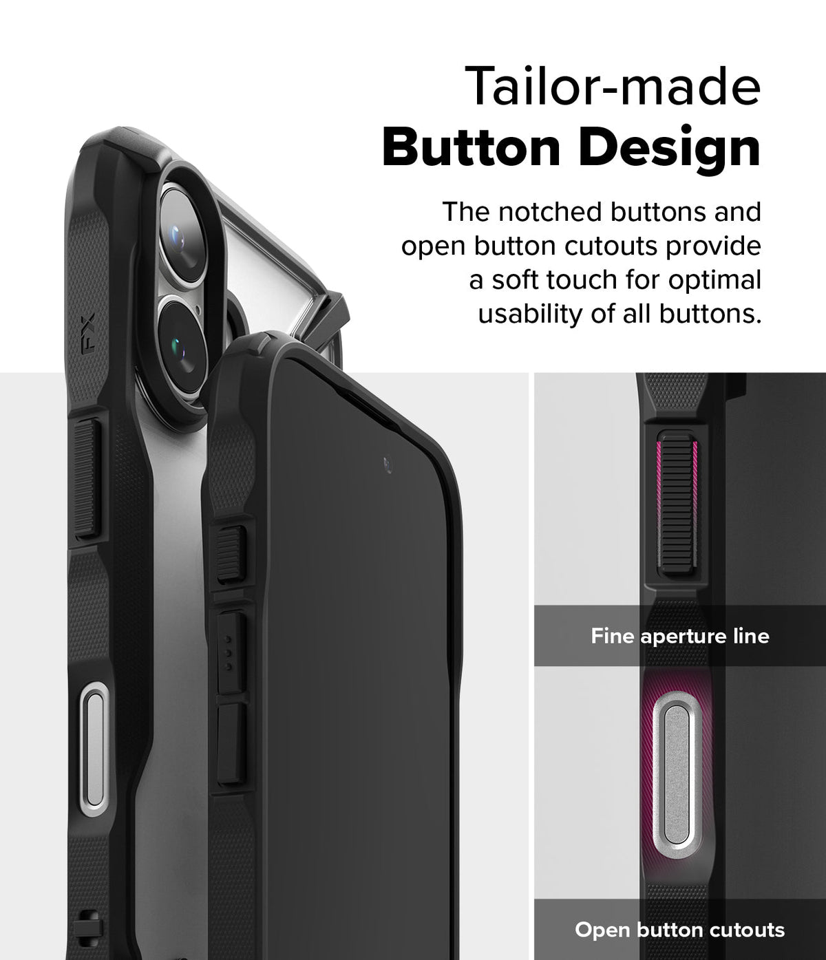 iPhone 16 Case | Fusion-X - Close-up of phone case buttons highlighting notched designs and open cutouts for usability.