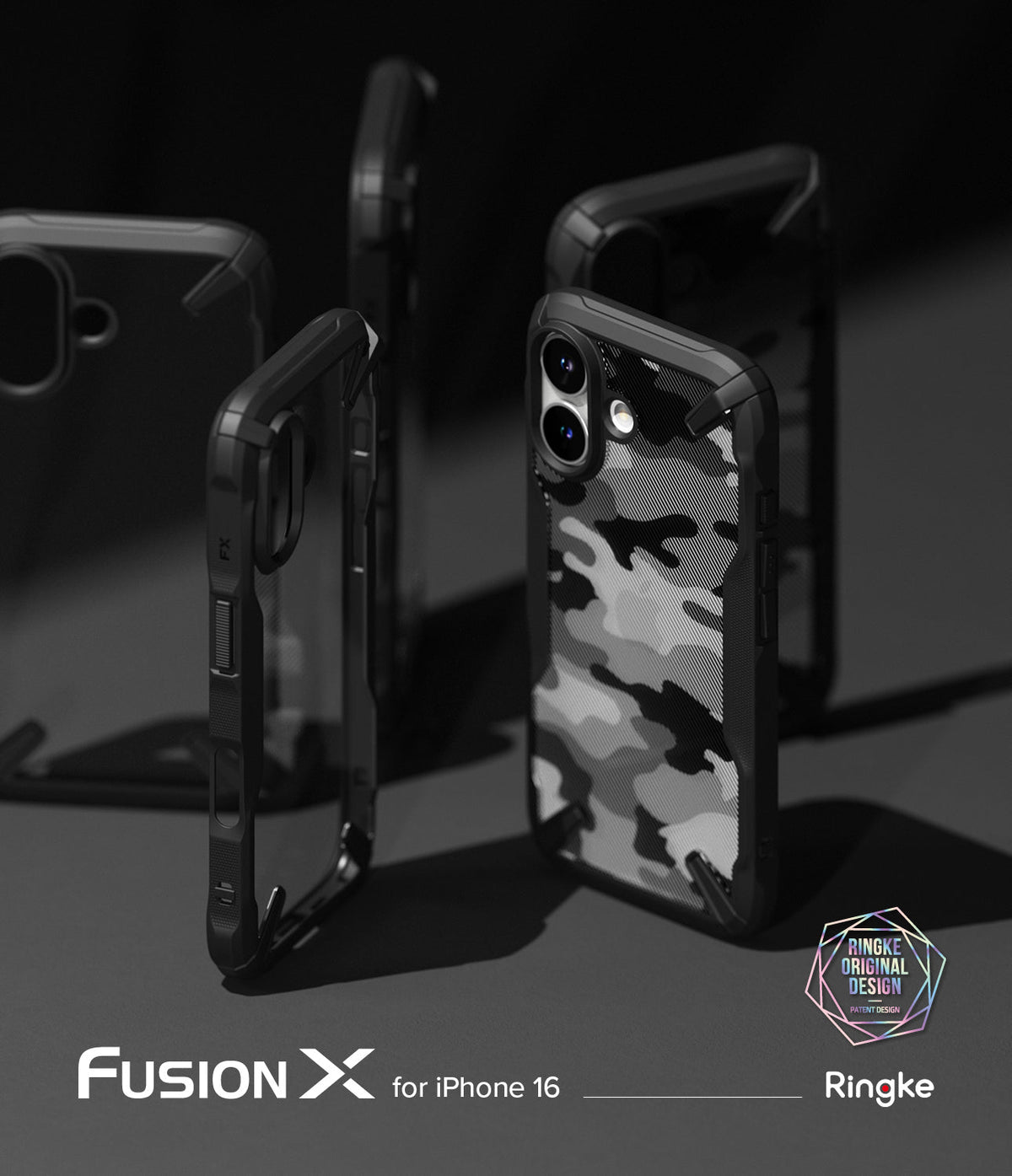 iPhone 16 Case | Fusion-X - Multiple black Fusion-X phone cases with a grey camouflage pattern on a dark background.