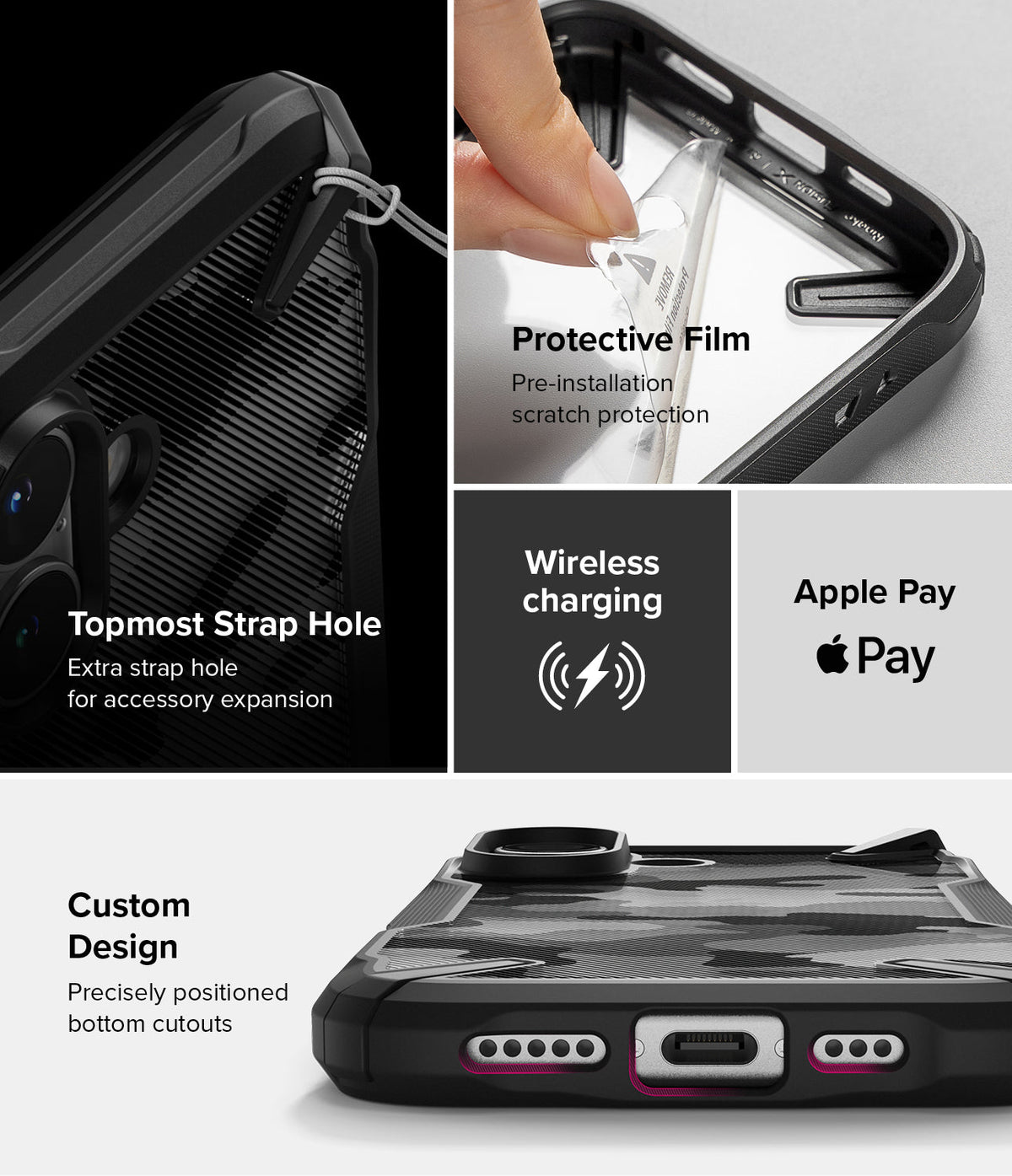 iPhone 16 Case | Fusion-X - Features strap hole, protective film, wireless charging, Apple Pay support, and precise bottom cutouts.