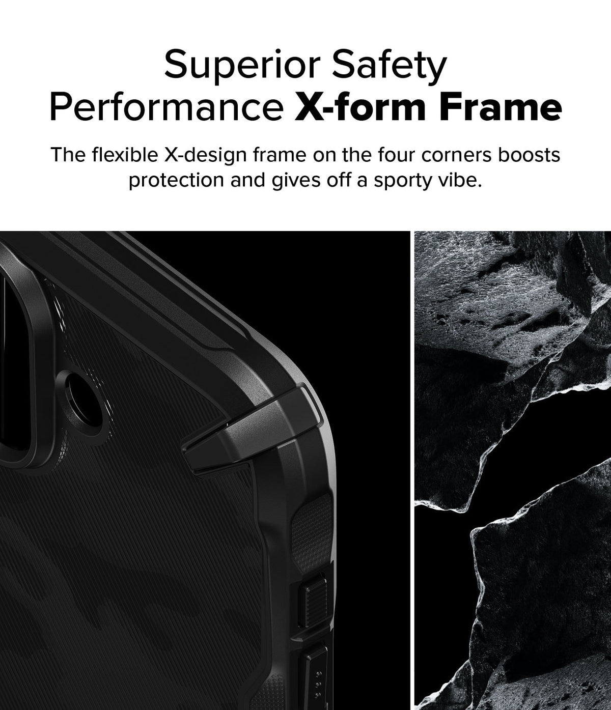 iPhone 16 Case | Fusion-X - Close-up of a black phone case corner with a reinforced X-shaped frame next to a rocky texture.