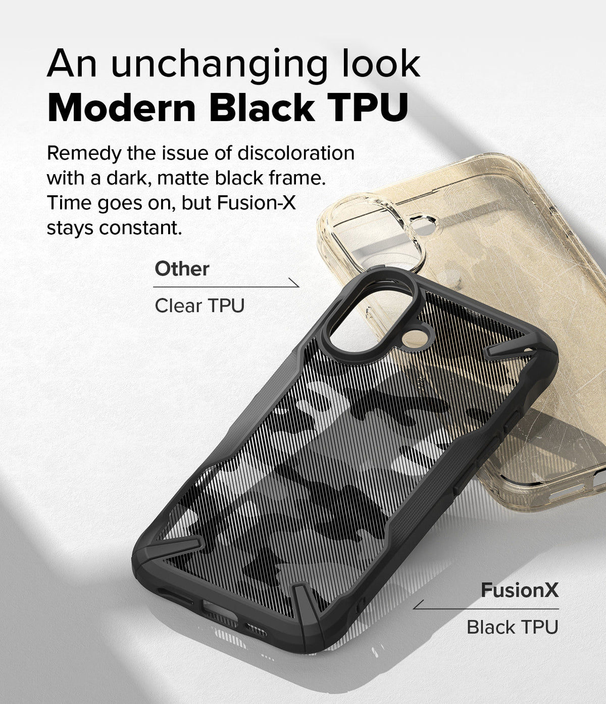 iPhone 16 Case | Fusion-X - A black Fusion-X phone case compared to a discolored, yellowed clear case on a white background.