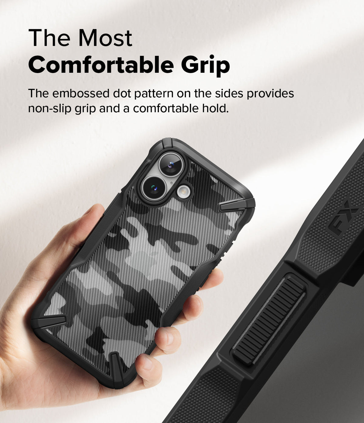 iPhone 16 Case | Fusion-X - Hand holding a camo-patterned phone case with textured side grips and reinforced corners.