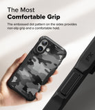 iPhone 16 Case | Fusion-X - Hand holding a camo-patterned phone case with textured side grips and reinforced corners.