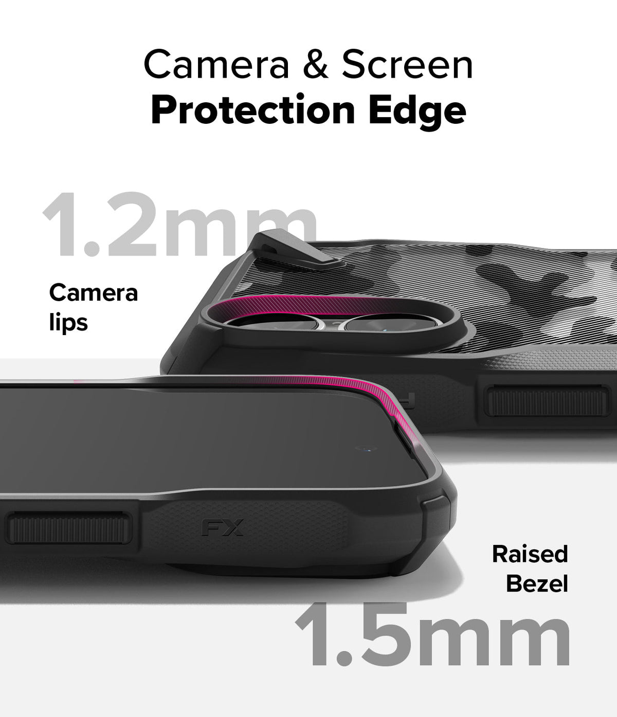iPhone 16 Case | Fusion-X - Close-up of phone case showing 1.2mm camera lips and 1.5mm raised screen bezel for protection.