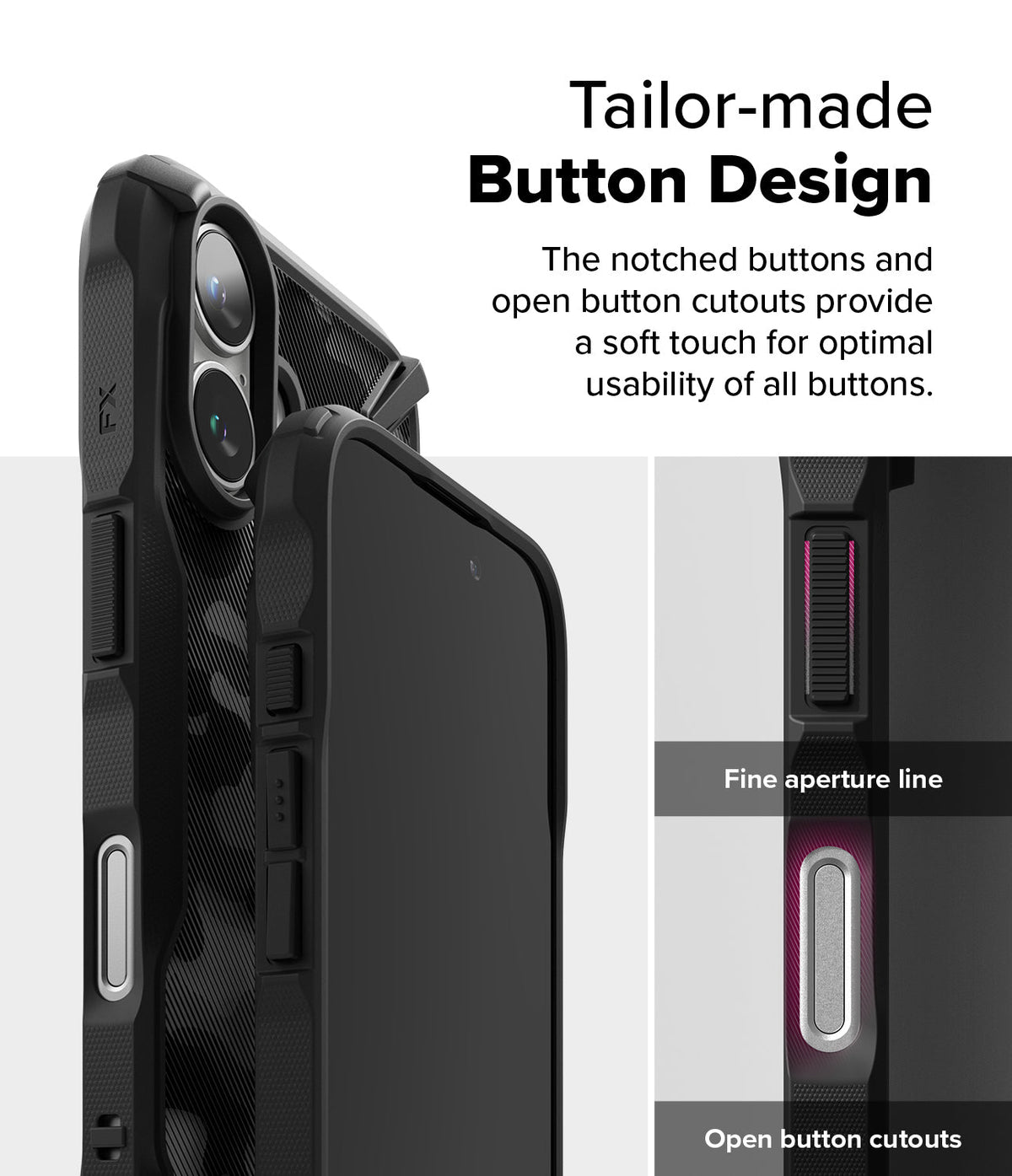 iPhone 16 Case | Fusion-X - Close-up of phone case buttons highlighting notched designs and open cutouts for easy access.