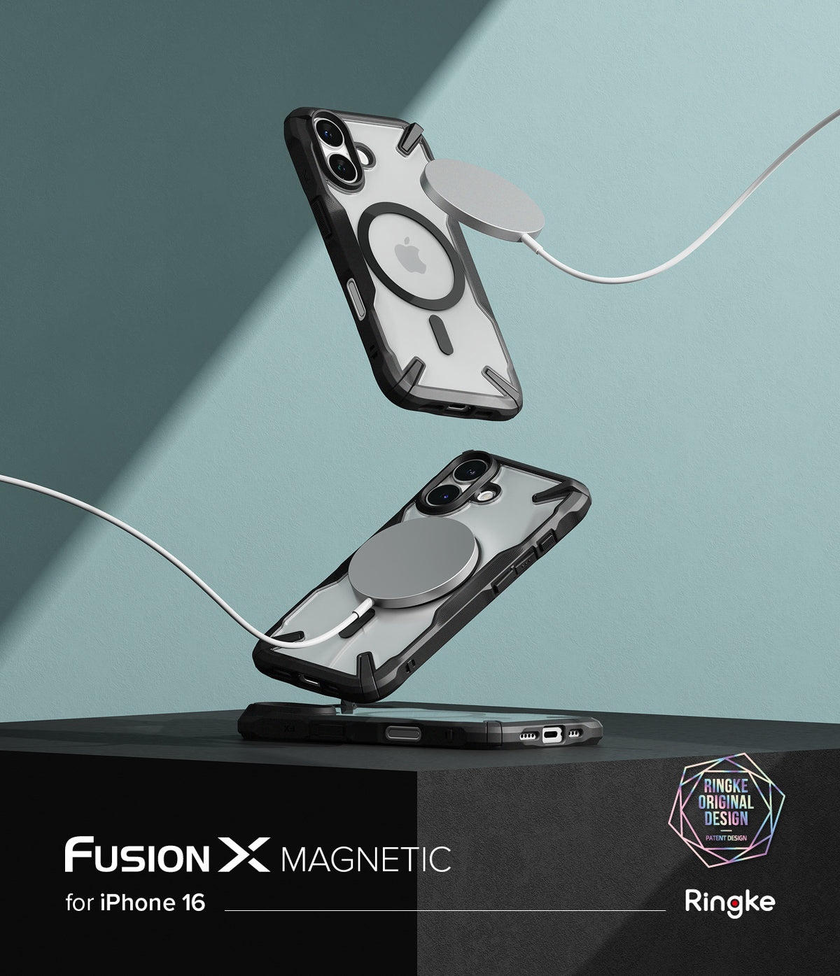 iPhone 16 Case | Fusion-X Magnetic - Two black Fusion-X cases floating above a pedestal, each charging with a magnetic disc.