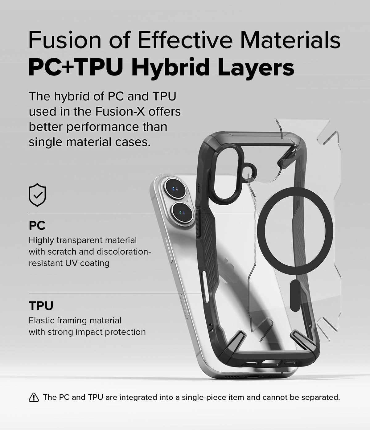 iPhone 16 Case | Fusion-X Magnetic - Exploded view of a hybrid PC and TPU phone case with a magnetic ring on an iPhone 16.