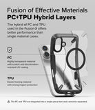 iPhone 16 Case | Fusion-X Magnetic - Exploded view of a hybrid PC and TPU phone case with a magnetic ring on an iPhone 16.