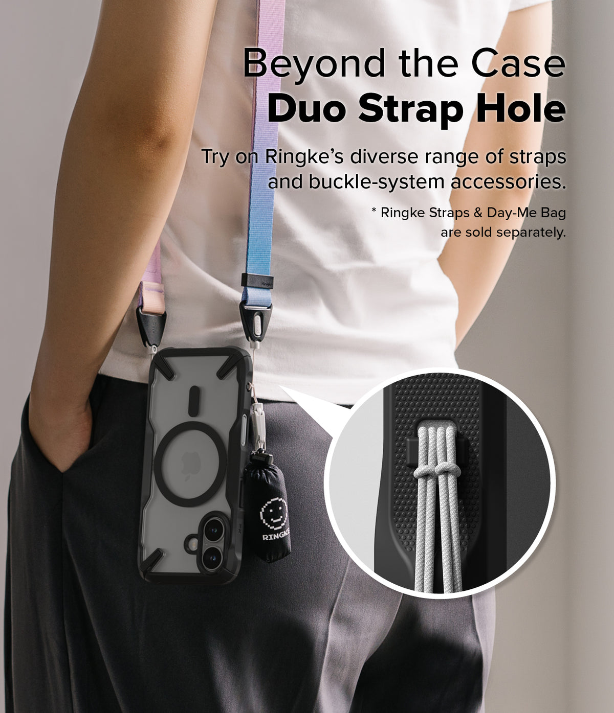 iPhone 16 Case | Fusion-X Magnetic - Person wearing a phone case with a dual-strap system and a close-up of the strap hole.