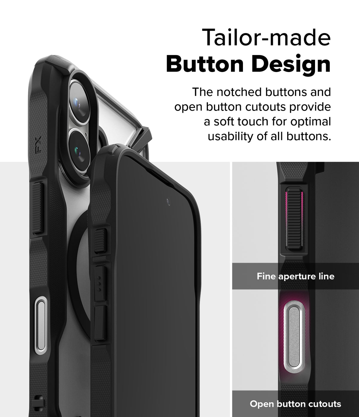 iPhone 16 Case | Fusion-X Magnetic - Close-up of phone case buttons highlighting notched design and open cutouts for usability.