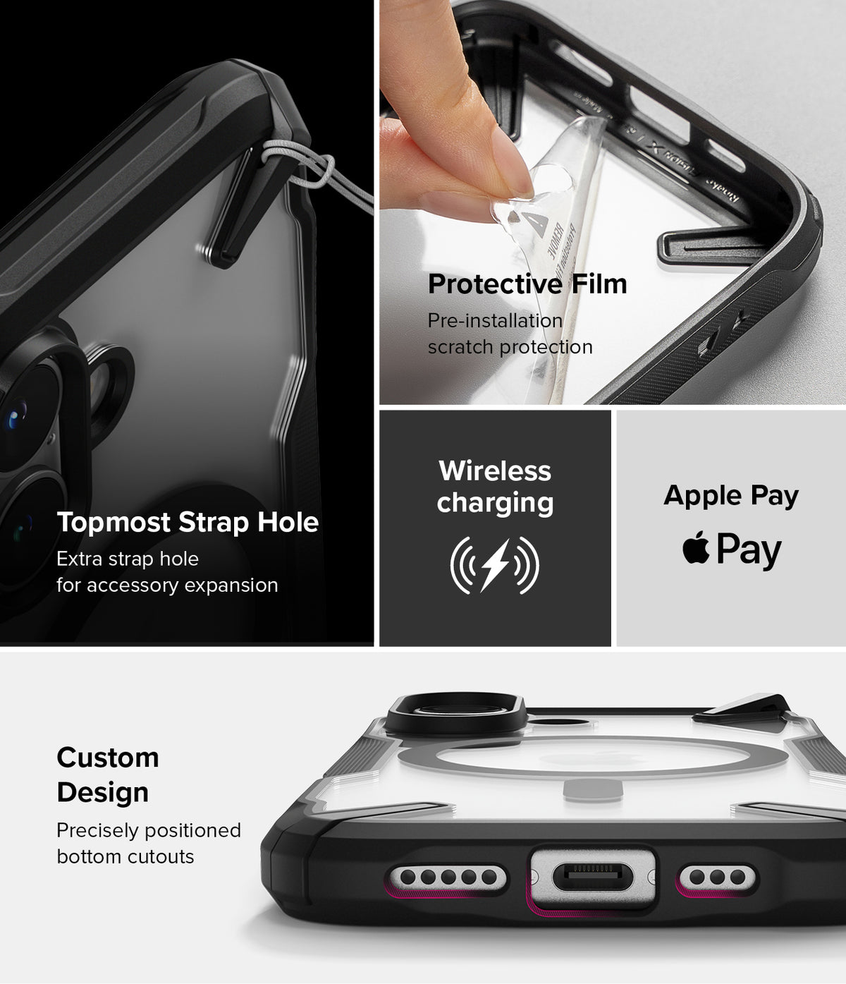 iPhone 16 Case | Fusion-X Magnetic - Features showing strap hole, protective film, wireless charging, Apple Pay, and port cutouts.