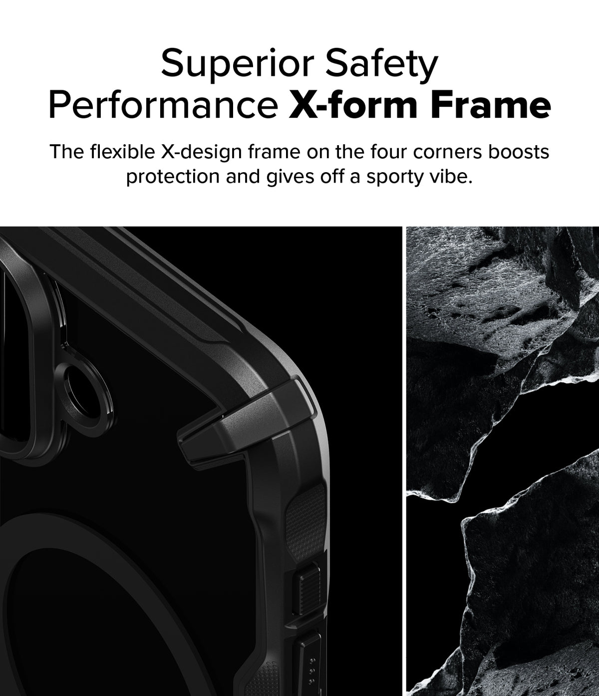 iPhone 16 Case | Fusion-X Magnetic - Close-up of a black phone case corner with a rugged X-form frame next to a rocky texture.