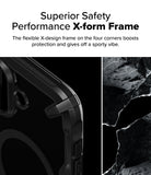 iPhone 16 Case | Fusion-X Magnetic - Close-up of a black phone case corner with a rugged X-form frame next to a rocky texture.