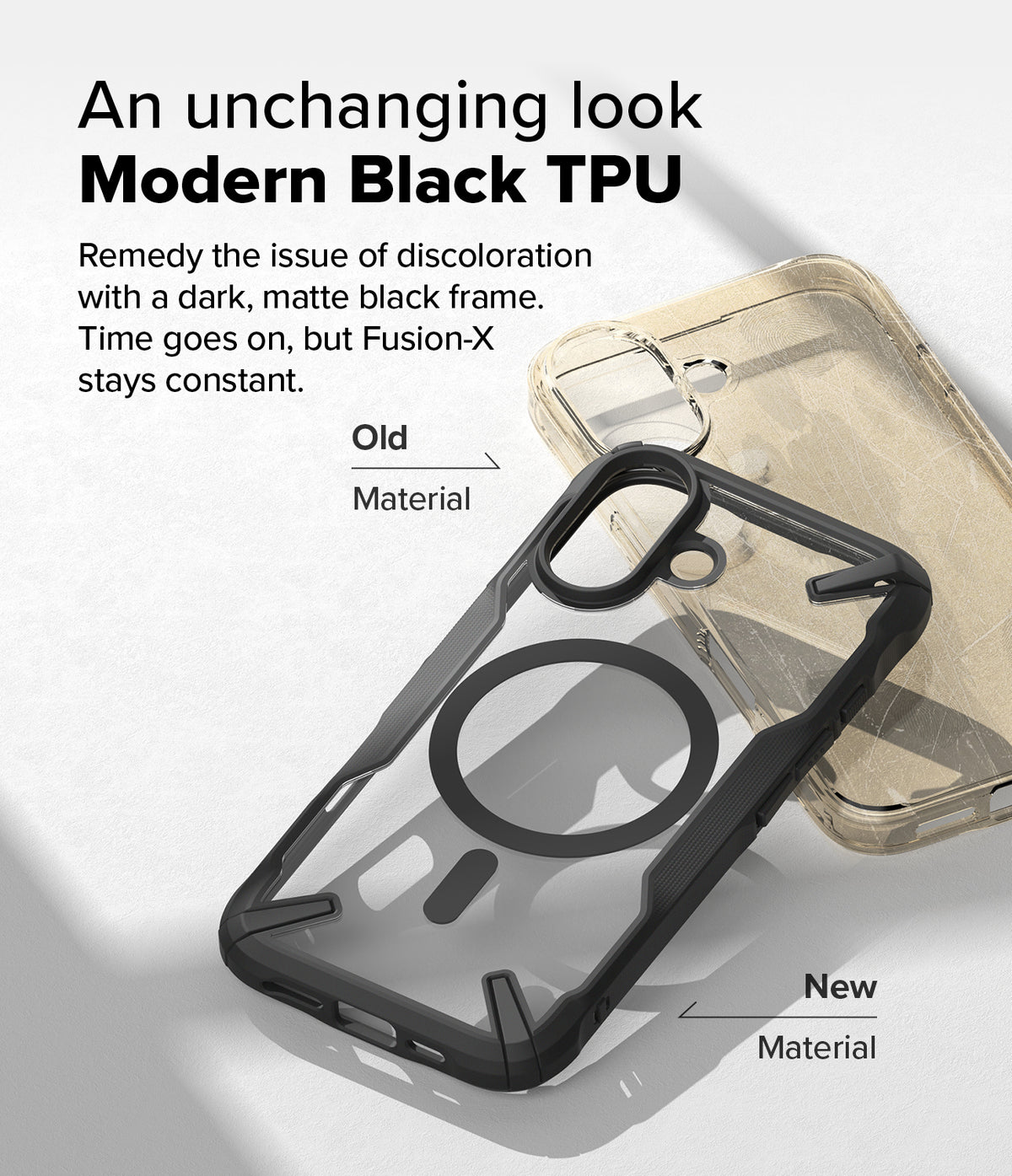 iPhone 16 Case | Fusion-X Magnetic - Comparison of a yellowed old case and a new, clear black Fusion-X magnetic case.