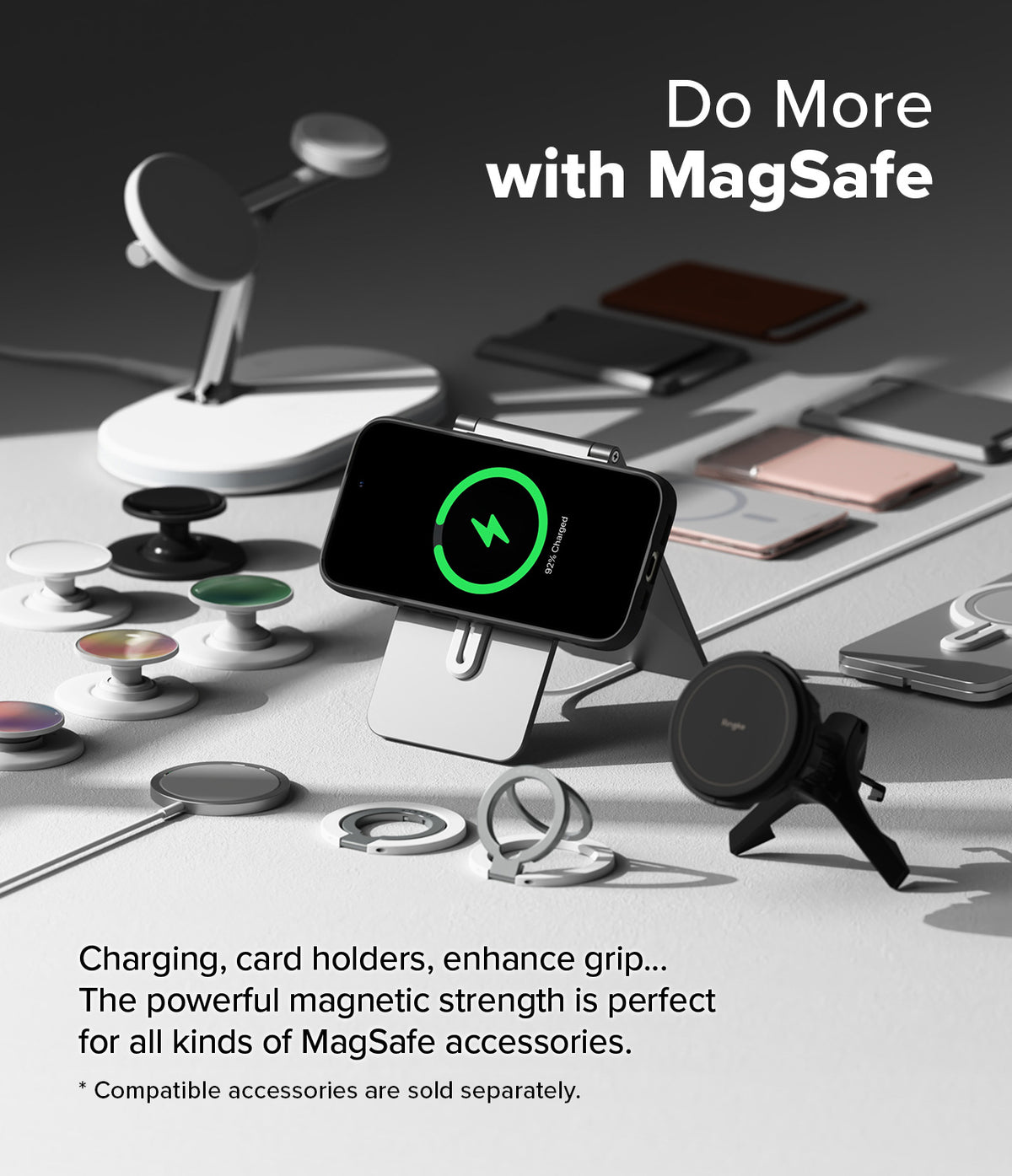 iPhone 16 Case | Fusion-X Magnetic - iPhone 16 on a magnetic stand surrounded by various MagSafe accessories like chargers and grips.