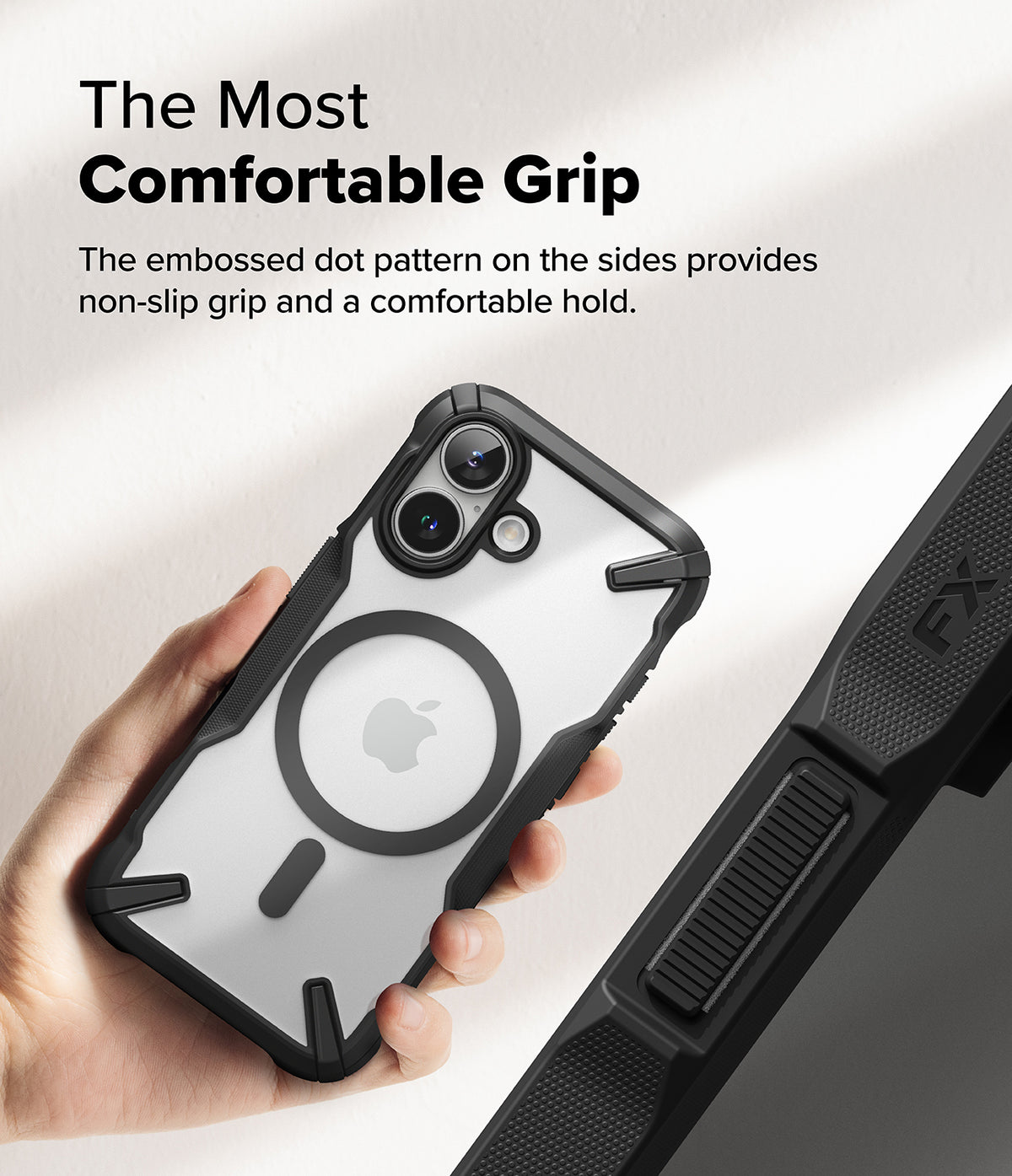 iPhone 16 Case | Fusion-X Magnetic - Hand holding a clear iPhone 16 case with a black magnetic ring and textured side grip.