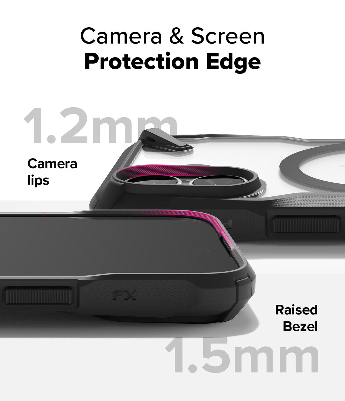 iPhone 16 Case | Fusion-X Magnetic - Close-up of protective case showing 1.2mm camera lips and 1.5mm raised screen bezel.