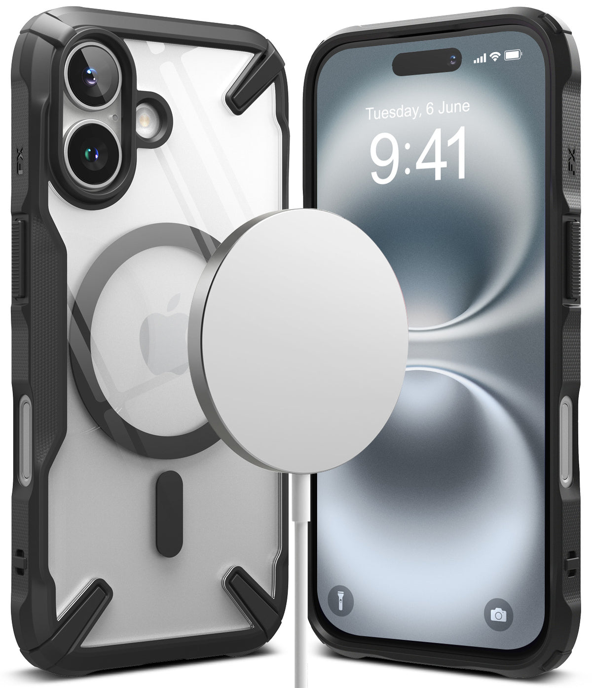 iPhone 16 Case | Fusion-X Magnetic - Clear protective case with black bumper and magnetic charger attached to the back.