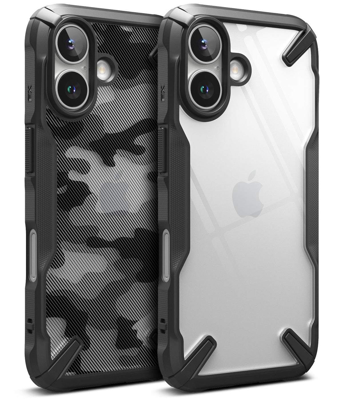 iPhone 16 Case | Fusion-X - Two iPhone 16 cases with black bumpers, one with a camo pattern and one clear back.