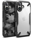 iPhone 16 Case | Fusion-X - Two iPhone 16 cases with black bumpers, one with a camo pattern and one clear back.