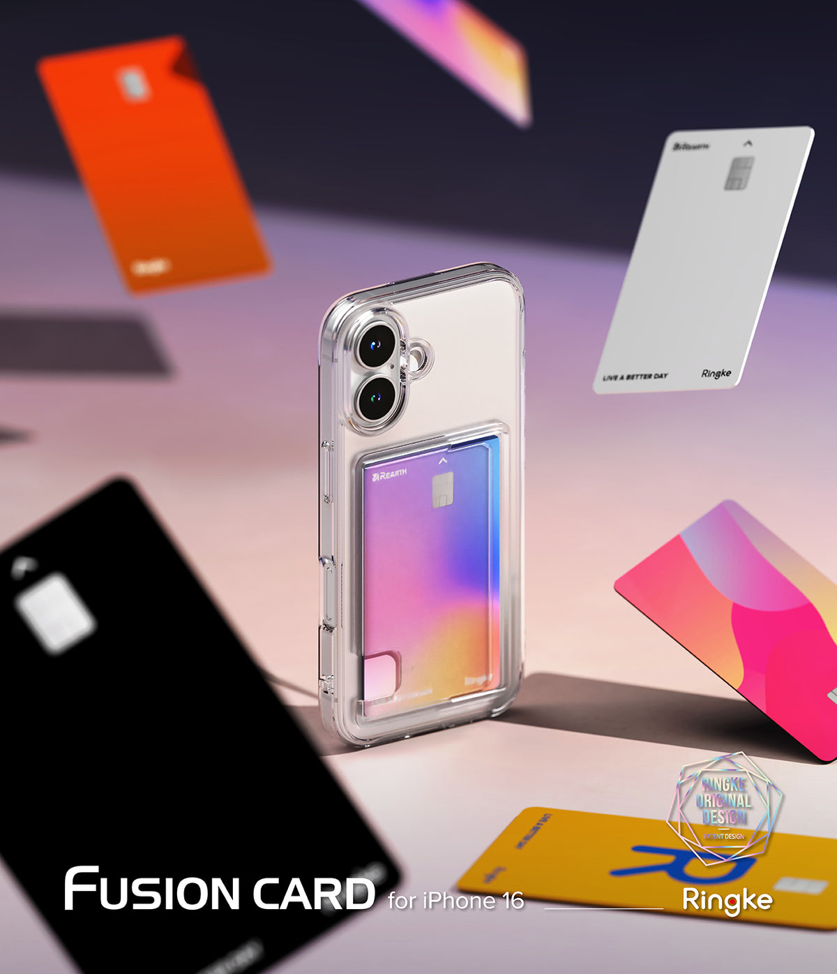 iPhone 16 Case | Fusion Card - Clear iPhone 16 case with a colorful card slot, surrounded by floating credit cards.