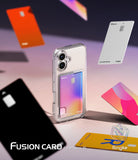 iPhone 16 Case | Fusion Card - Clear iPhone 16 case with a colorful card slot, surrounded by floating credit cards.