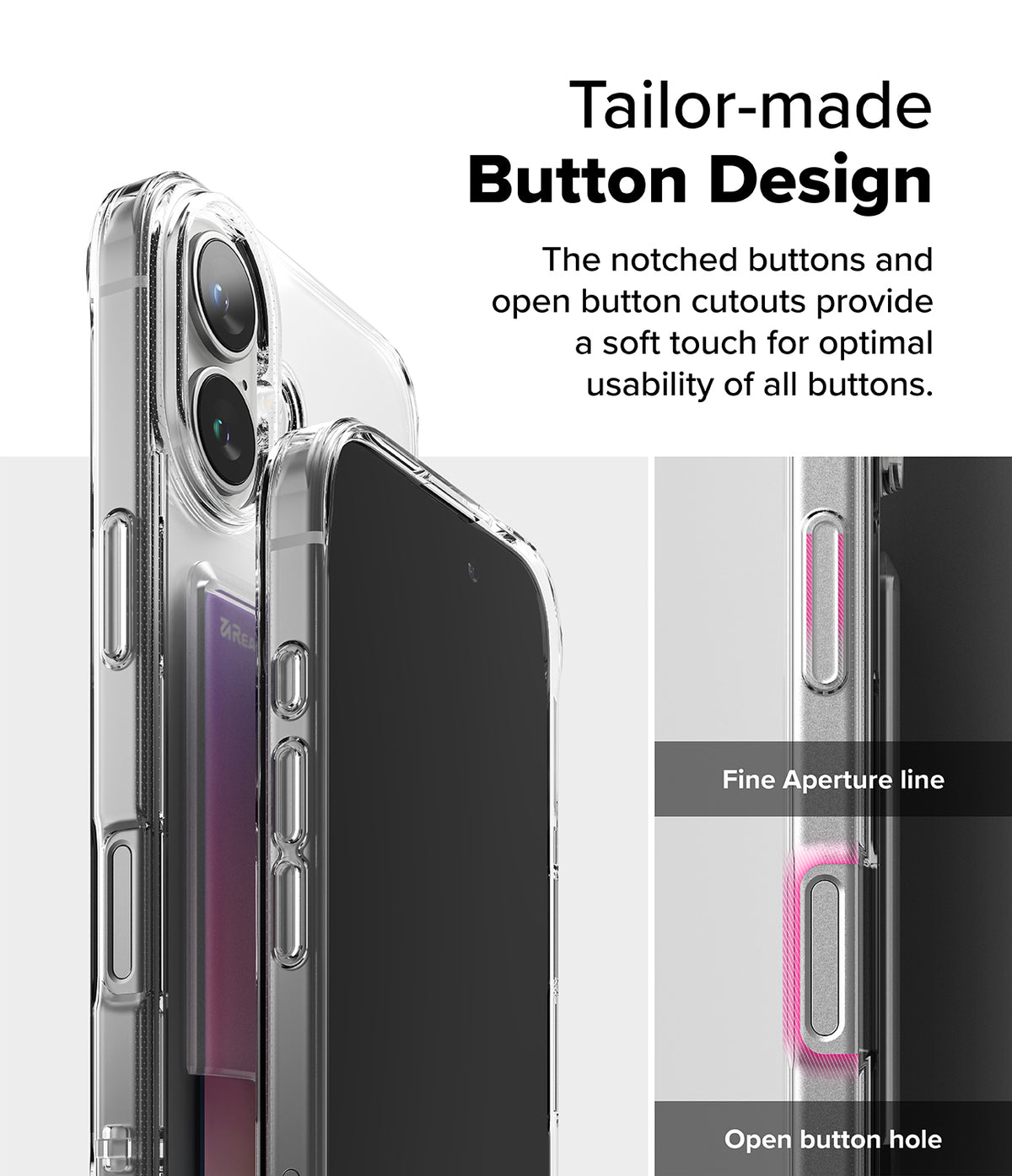 iPhone 16 Case | Fusion Card - Close-up of clear phone case highlighting notched buttons and open cutouts for easy access.