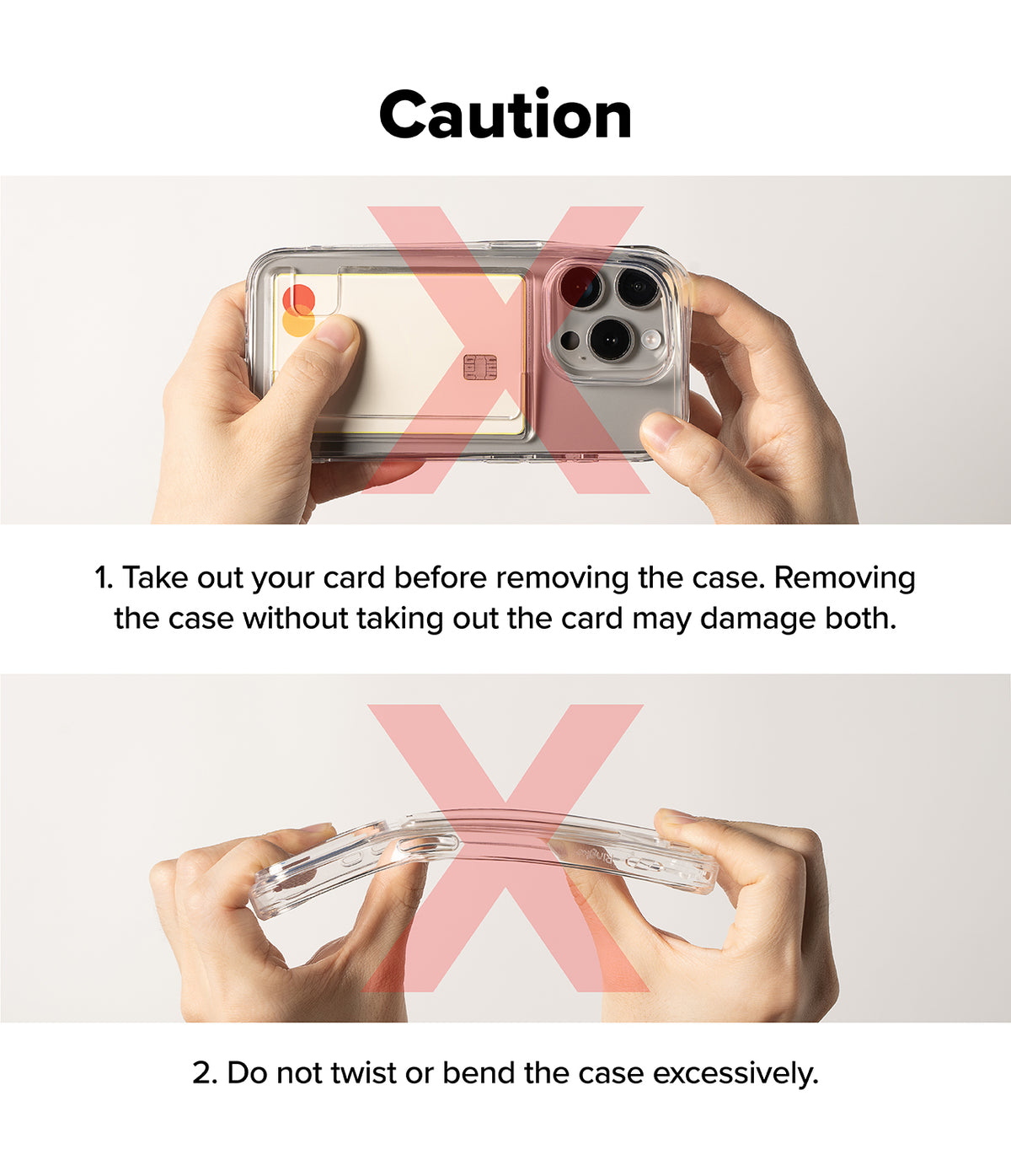 iPhone 16 Case | Fusion Card - Caution graphic showing not to remove case with card inside or twist the case excessively.