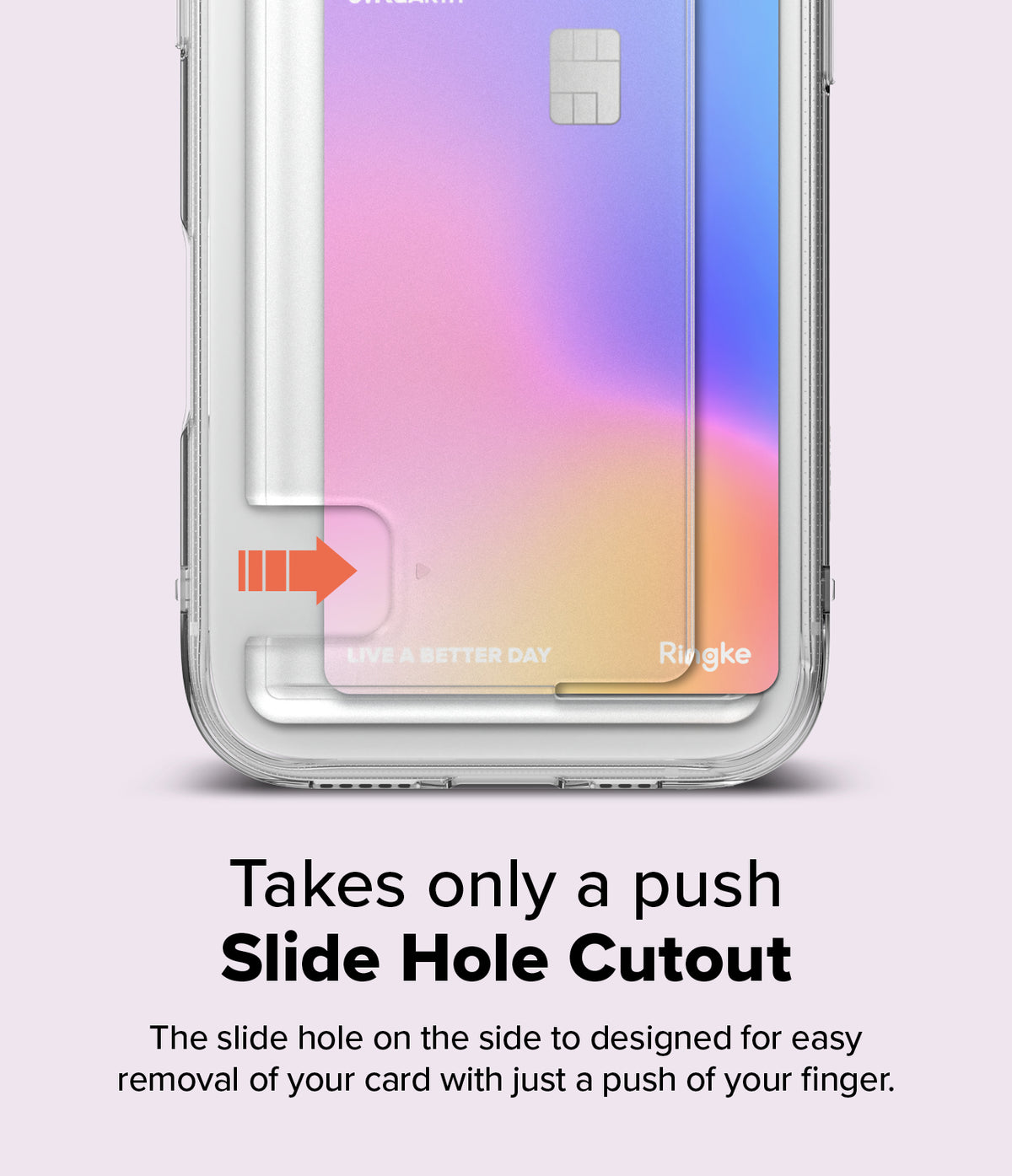 iPhone 16 Case | Fusion Card - Clear phone case with a card slot featuring a side cutout and red arrow for easy card removal.