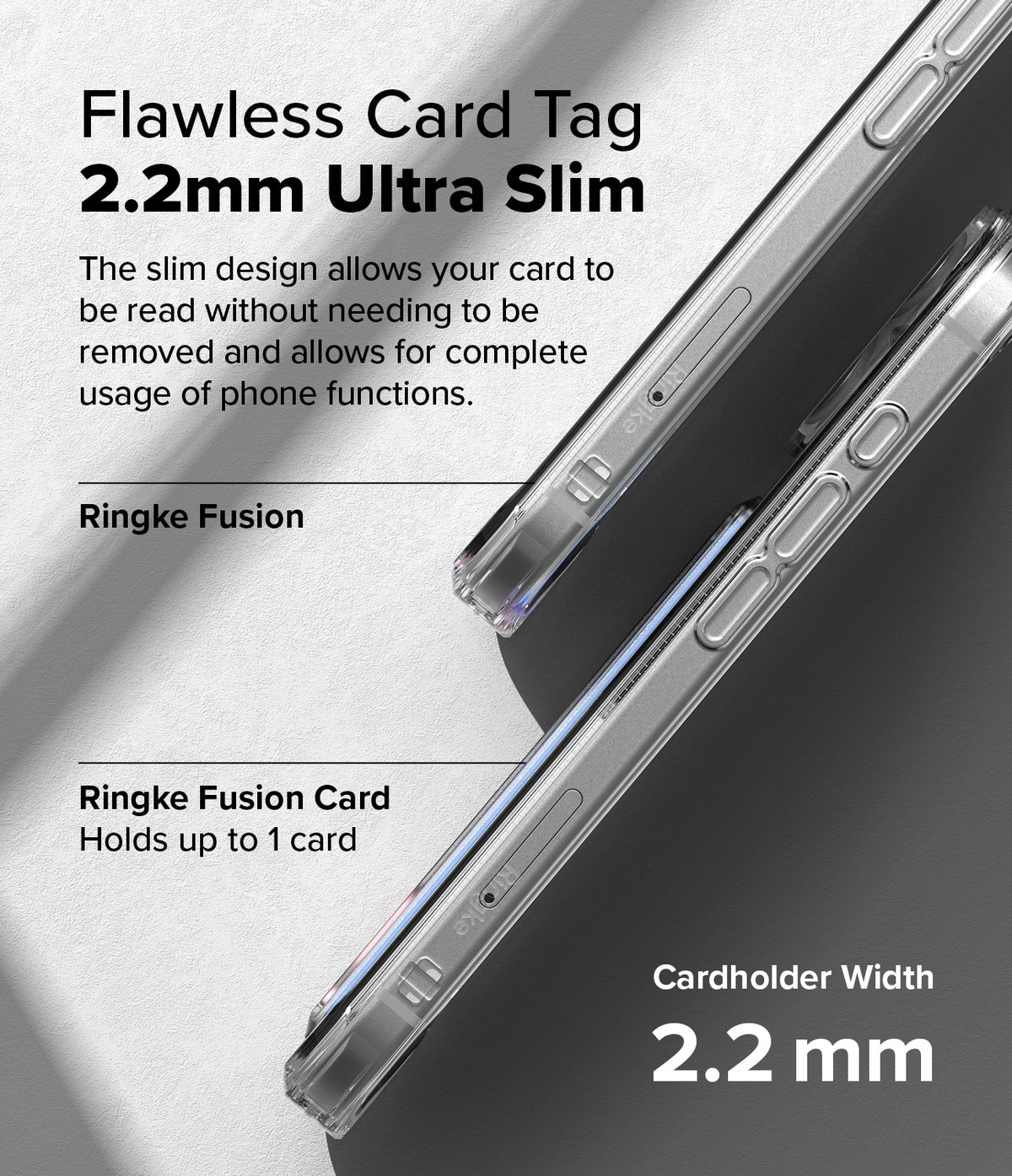 iPhone 16 Case | Fusion Card - Side profile of a clear, ultra-slim iPhone case with a 2.2mm cardholder slot.