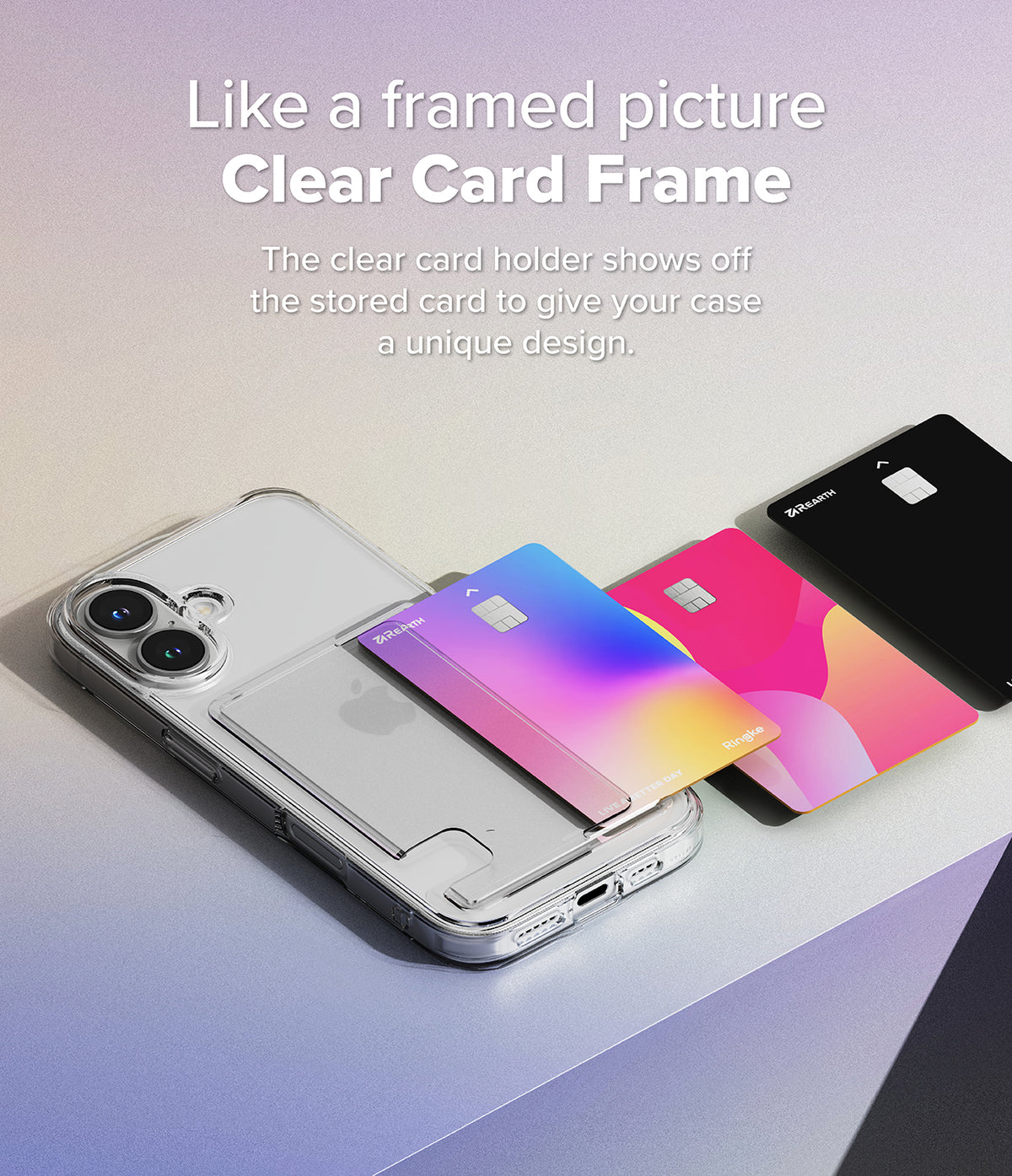 iPhone 16 Case | Fusion Card - Clear phone case with a card slot holding a colorful card, with two other cards nearby.