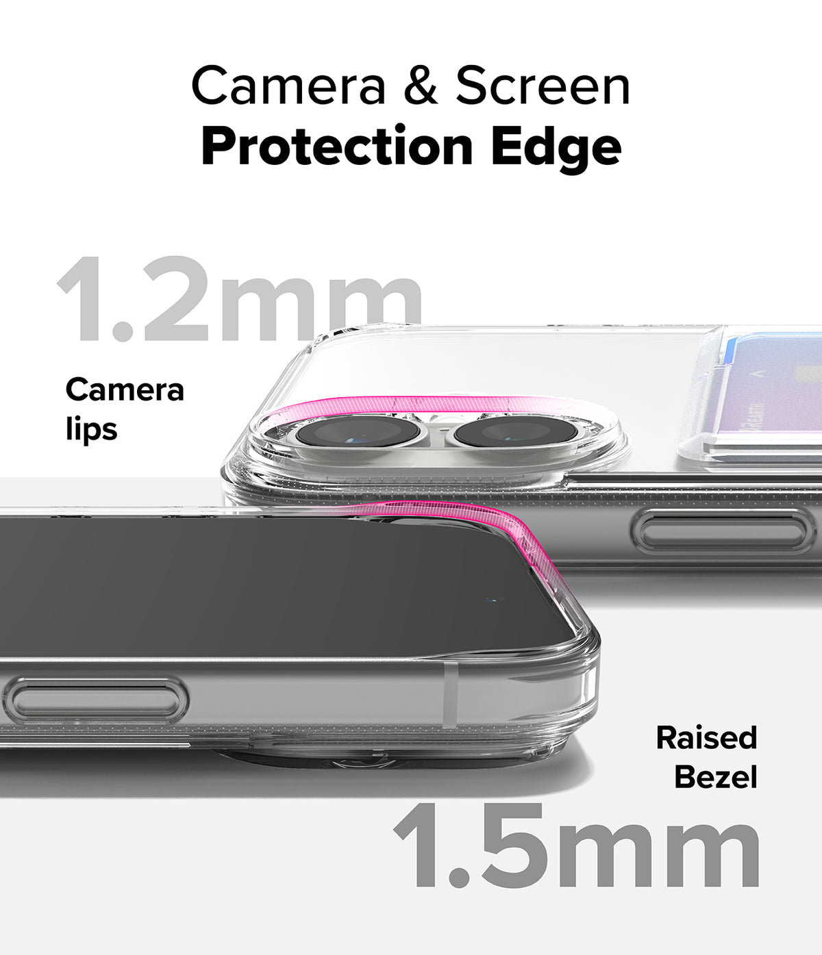 iPhone 16 Case | Fusion Card - Close-up of clear phone case showing 1.2mm camera lips and 1.5mm raised screen bezel protection.