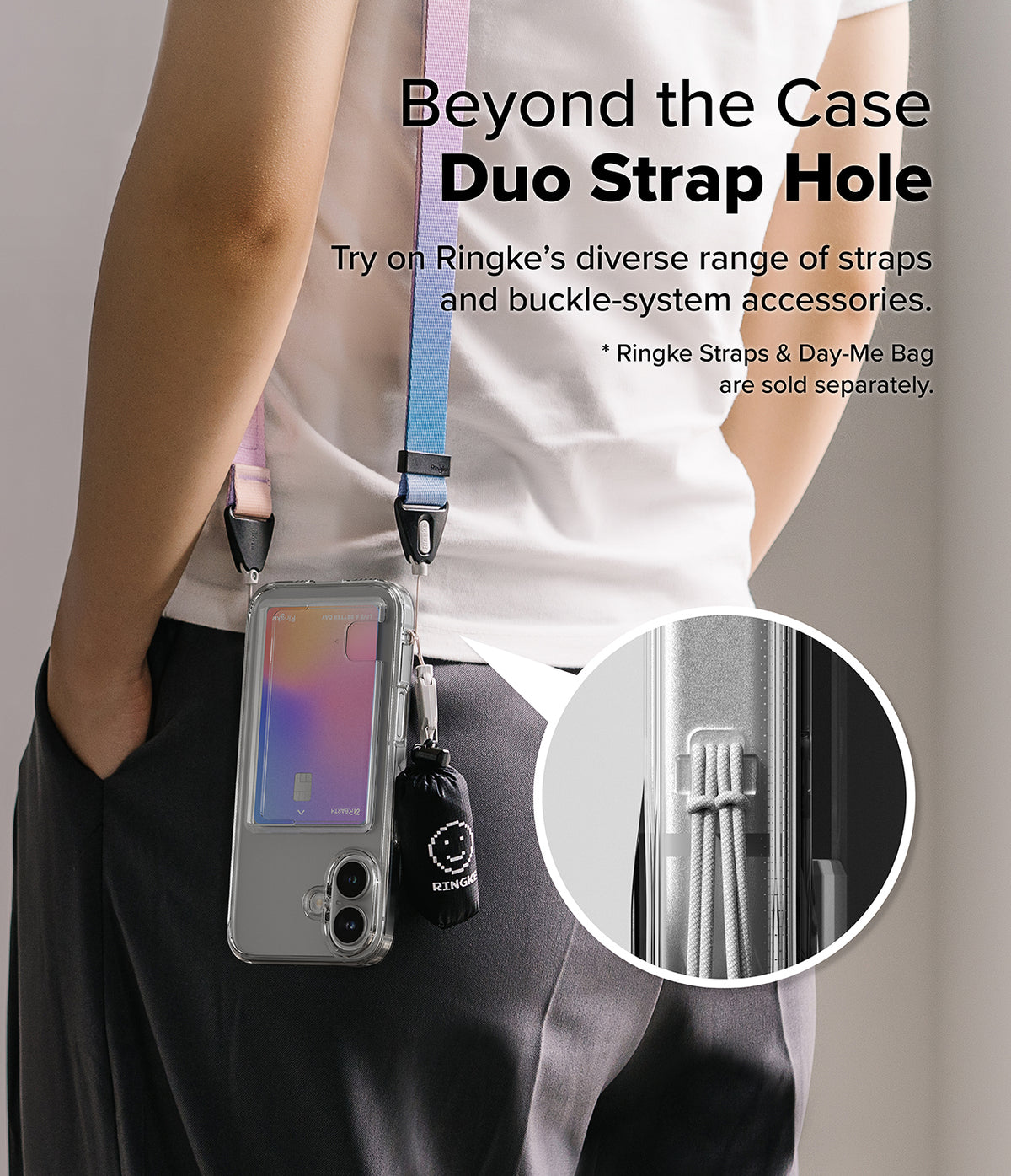 iPhone 16 Case | Fusion Card - Person wearing a phone case with a colorful strap and a small bag attached to the duo strap hole.