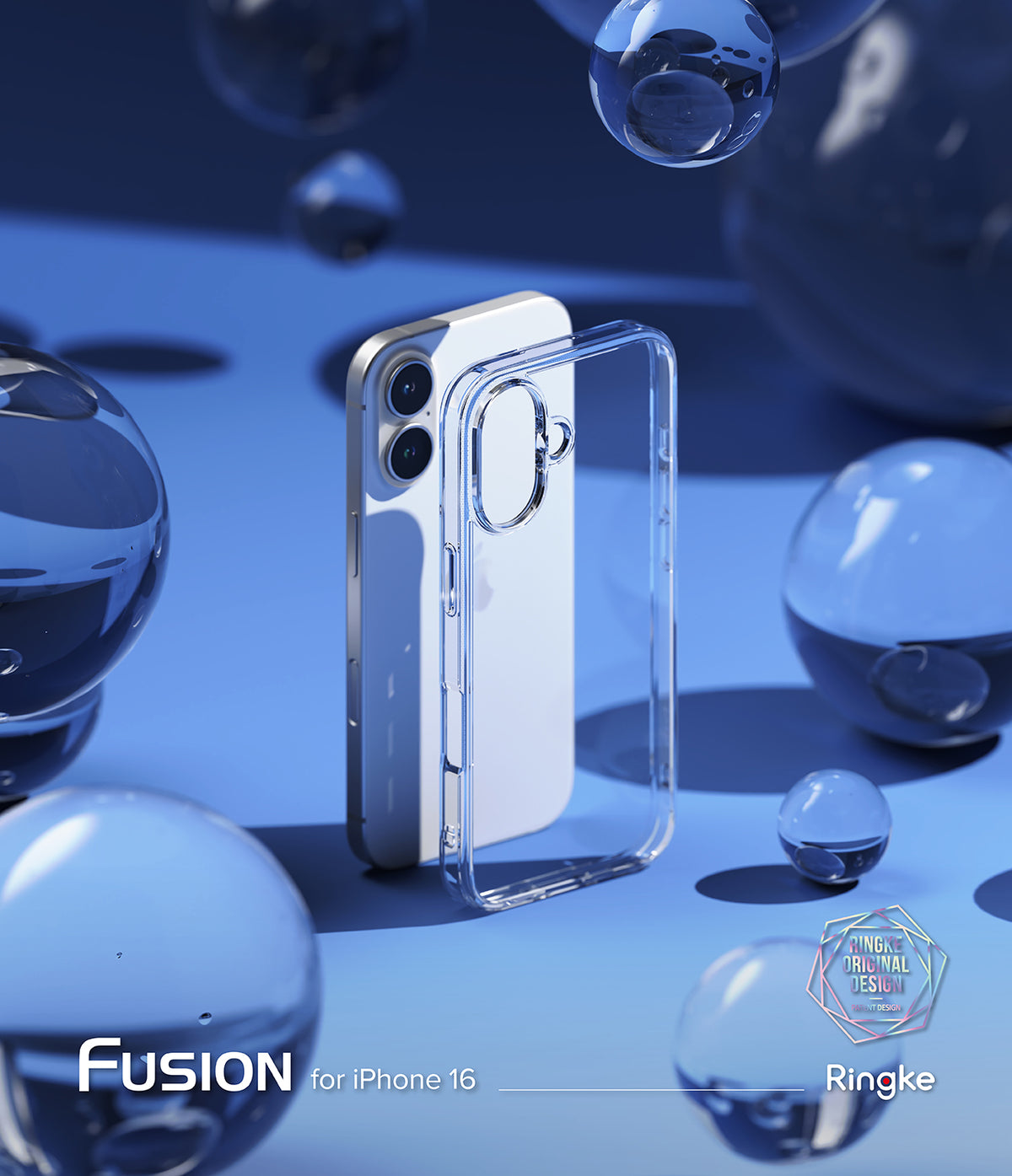 iPhone 16 Case | Fusion - Clear protective case standing next to an iPhone 16 amidst floating glass spheres on a blue surface.