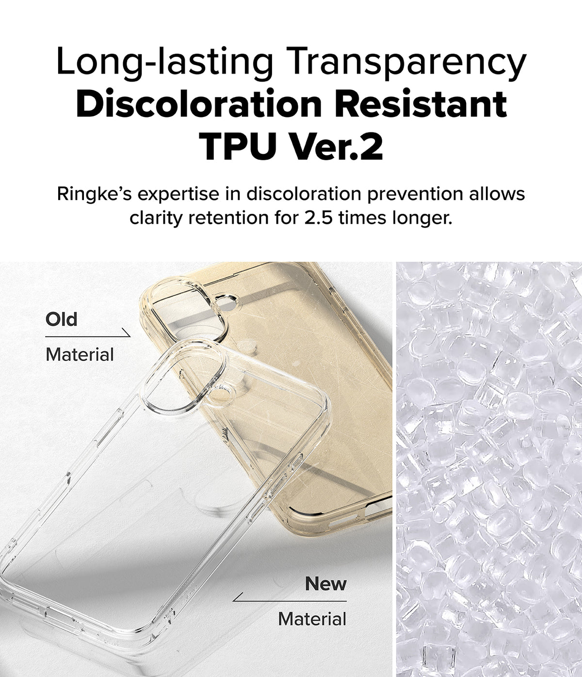 iPhone 16 Case | Fusion - Comparison of yellowed old TPU material versus clear new TPU material for long-lasting transparency.